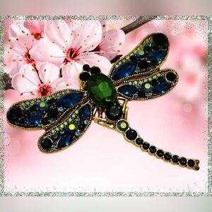 Sparkling Dragonfly Brooch with Green and Blue Rhinestones